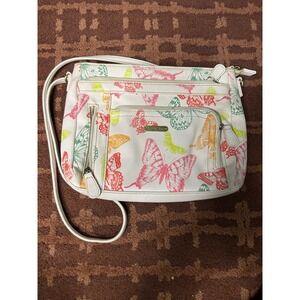 MultiSac‎ White Butterfly Print Crossbody Bag Purse Zip Pocket Travel